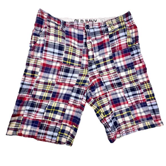 Old Navy Mens Size 32 Patchwork Red/Blue Plaid Madras Flat Front Shorts Y2K - Picture 1 of 8